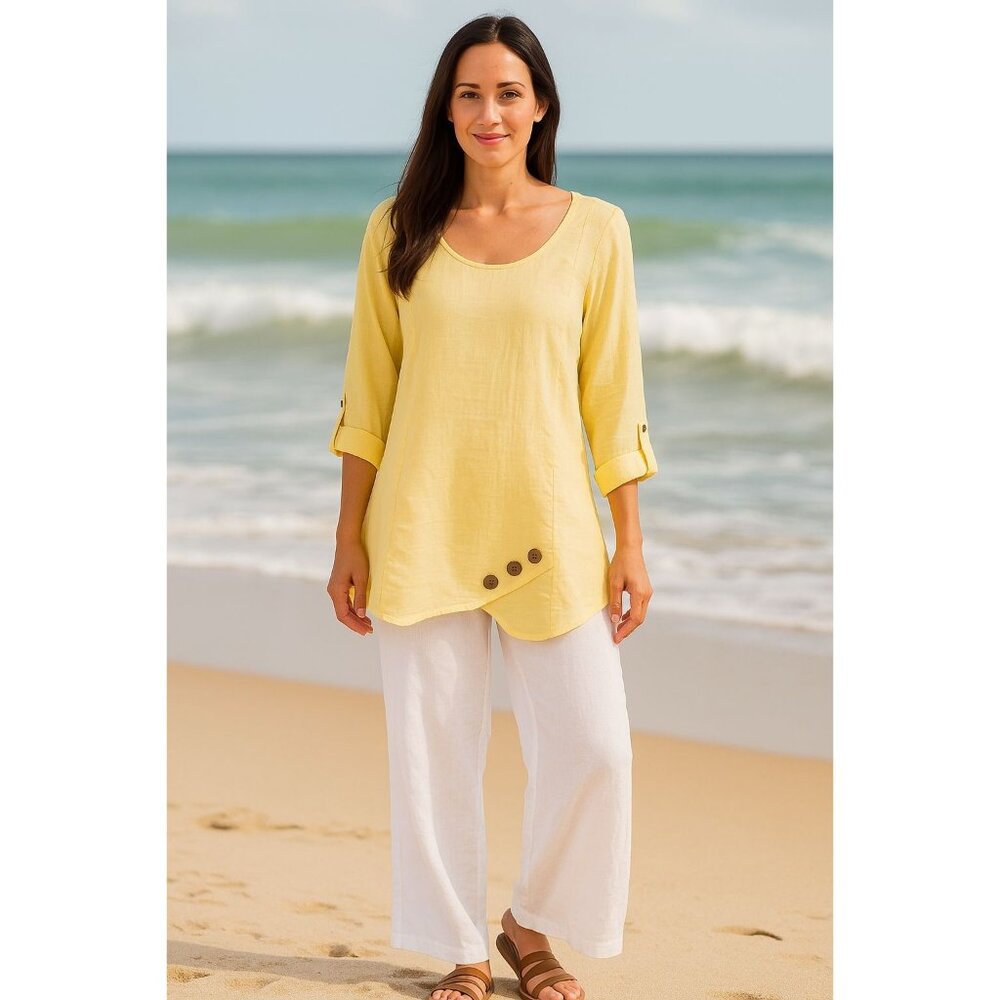 Soft Surroundings  Button Tunic Top S Yellow  Roll Sleeve Laglenlook Boho Chic
